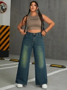 SHEIN ICON Pantalones Vaqueros Teñidos Con Agua De Talla Grande Con Bolsillos Inclinados - Azul - Ver 5