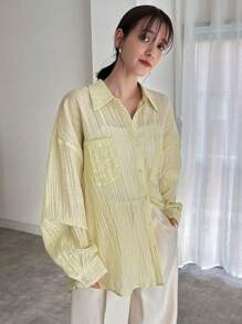 FRIFUL Women's Dropped Shoulder Texture Fabric Shirt With Front Pocket Sheer Long Sleeve Top - Beige - View 3