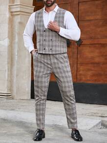 Manfinity Mode Conjunto De Traje De Cuadros De Doble Botonadura De Talla Grande Para Hombres - Gris - Ver 4
