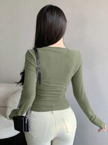 DAZY Solid Color Slim Fit V-Neck Long Sleeve Women's T-Shirt,Fall Clothes,Back To School Clothes - Green - View 2