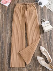 Pantalones Con Costillas Y Lazo En La Cintura Para Chicas Adolescentes - Caqui - Ver 1