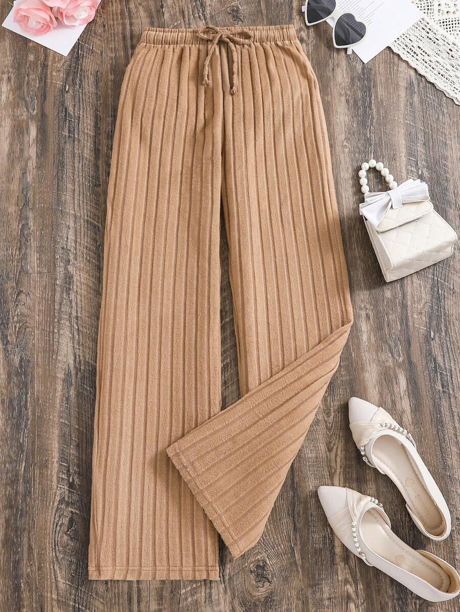 Pantalones Con Costillas Y Lazo En La Cintura Para Chicas Adolescentes - Caqui - Ver 1