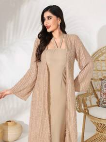 Modelyn Women's Solid Color Halter Neck Dress And Cardigan Two Pieces Set 2 Pieces Set - Khaki - View 3