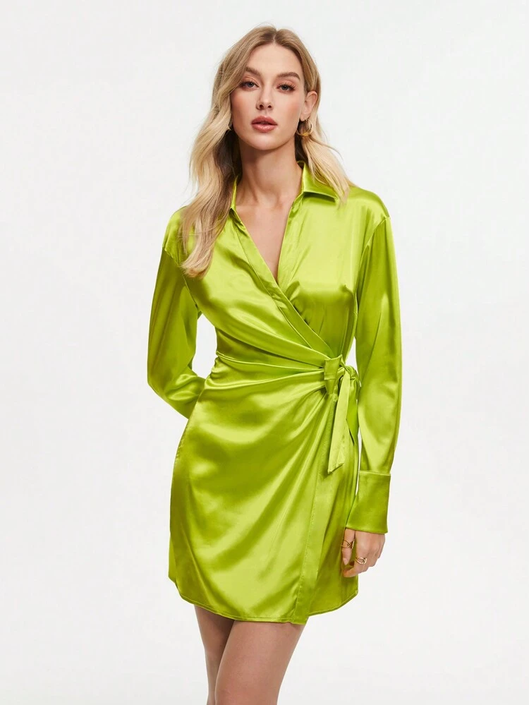 Ladies' Solid Color Wrap Tie Waist Dress