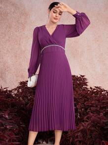 Modelyn Robe longue de soirée pour femmes avec col drapé, manches longues et ourlet plissé - Fushia - Voir 6