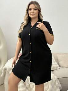 Plus Size Color Block Checked Border With Front Pocket Homewear Dress - Black - View 6