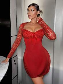 SHEIN SXY 女士性感情人節心形領蕾絲拼接約會裙 - 紅色 - 查看 4