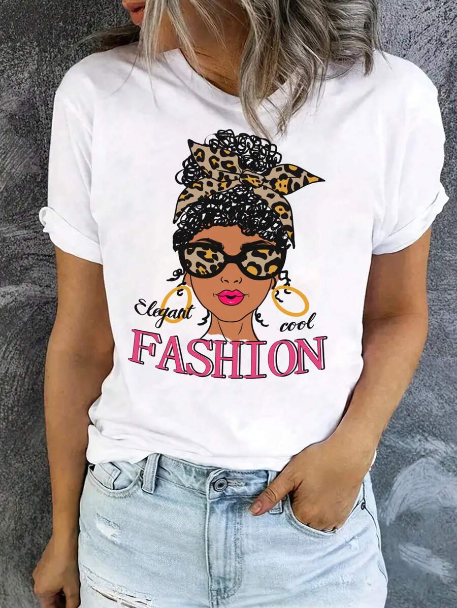 SHEIN EZwear 女款休閒t恤,時尚女王領短袖夏季tee,適用於春夏季,女裝 - 白色 - 查看 1