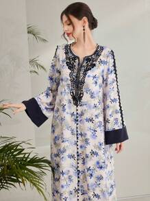 Al Najma Floral Print Notch V-Neckline A-Line Dress Kaftan Jalabiya Dress - Multicolor - View 8