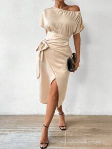 Chiquease Women's Asymmetrical Neckline Wrap Dress - Apricot - View 2