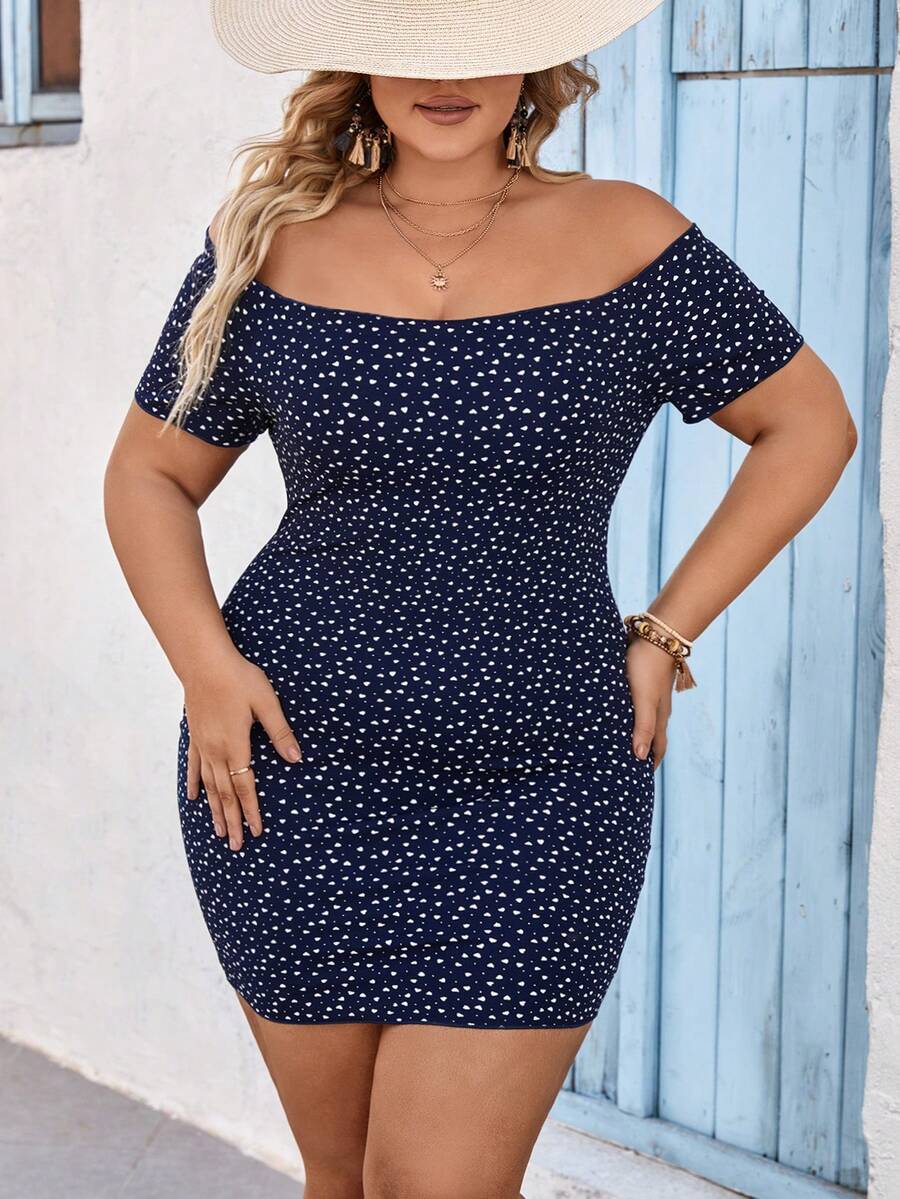 SHEIN VCAY Kích thước lớn Chấm bi Tim In Off Shoulder Váy bodycon - Màu xanh hải quân - Xem 1