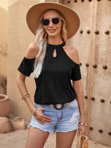 SHEIN LUNE 女士春夏音樂節黑色t卹,露肩設計 - 黑色 - 查看 4