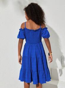 SHEIN Cô gái tuổi teen thường ngày Xuân/Hè Váy dệt kim hở vai màu trơn - Màu xanh lam - Xem 2