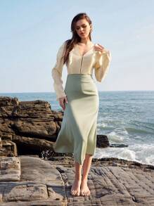 Anewsta 有褶邊的半透明紗布上衣 - 杏色 - 查看 6