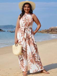 SHEIN VCAY 大尺碼女款夏季度假熱帶椰子樹印花掛脖連身褲