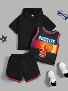 Young Boy Basketball & Letter Contrast Trim Sports Mesh Tank Top & Shorts With Solid Hooded Tee - Black - View 1