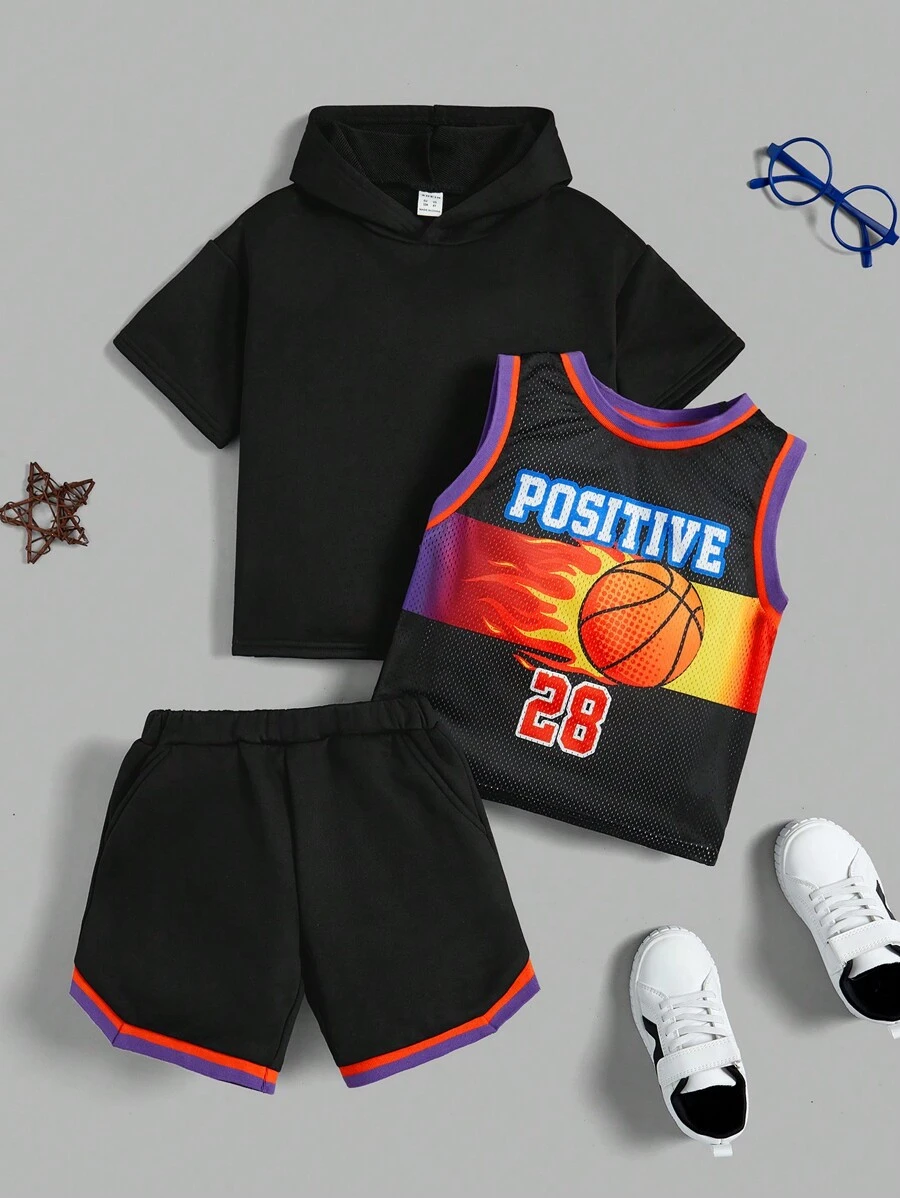 Young Boy Basketball & Letter Contrast Trim Sports Mesh Tank Top & Shorts With Solid Hooded Tee - Black - View 1