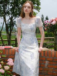 Vacation Elegant Floral Print Puff Sleeve Dress - Blue - View 6