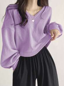 DAZY 女式 V 领落肩长袖 T 恤，秋季服装短款女式上衣