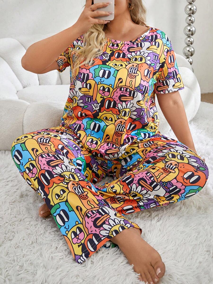 Dedraw Studio Artist Girlcore Plus Size Women's Cartoon Printed Short Sleeve Top & Pants Pajama Set,For Summer, Holiday, Going Out - Multicolor - View 1