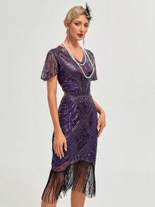 20世纪20年代复古亮片流苏下摆紧身鸡尾酒会礼服 - 紫色 - 查看 5