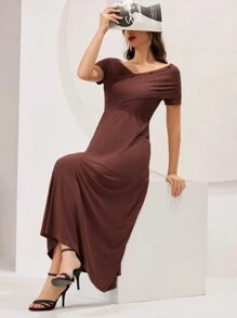Modelyn Solid Colored Wrap Front Dress - Coffee Brown - View 1