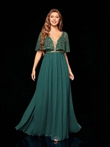 V-Neck Perspective Lace Shawl & Chiffon Splice Dress With Flounce Hem - Dark Green - View 4