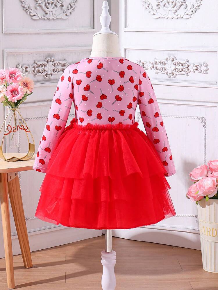 Young Girls' Heart-Shaped Print & Mesh Spliced Layered Dress