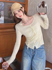 DAZY Áo khoác cardigan dài tay xếp ly hở phía trước cho nữ, trang phục mùa thu - Màu be - Xem 5