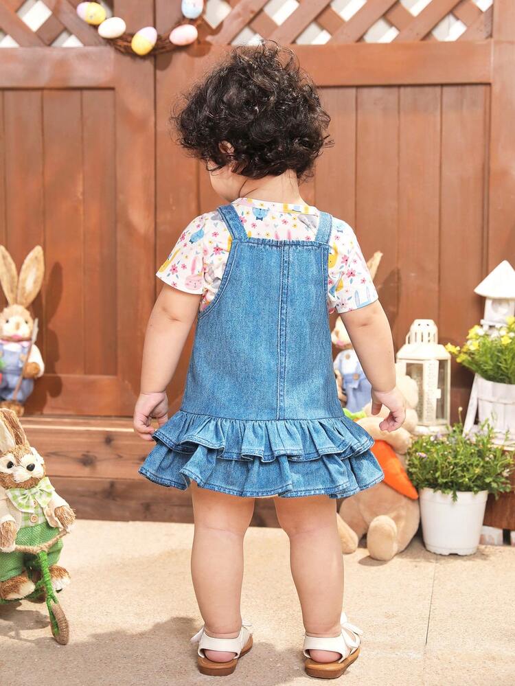 Baby Girl Cute Ruffle Strap Skirt Set With Cartoon Printed Short Sleeve Top