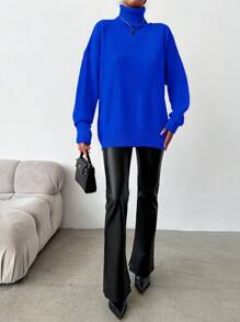 EURMUSE High-neck Drop-shoulder Sleeve Sweater - Royal Blue - View 3