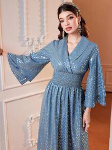Modelyn Vestido largo de noche con cuello chal de unicolor y drapeado al estilo árabe para mujeres - Azul - Ver 3