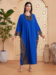 Al Najma Women's Geometric Pattern Splice Kaftan With Draped Collar, Turkish Style - Royal Blue - View 3