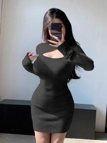 Dazy Designer Women's Hollow Out Front Long Sleeve Dress - Grey - View 3