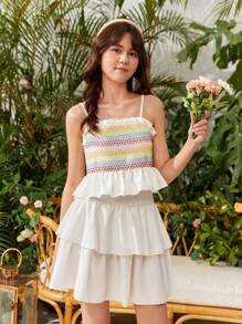 Teenager-mädchen' Regenbogen-gestreiftes Cami Top Und Doppelschicht-rüschen Saumrock-set, Frühling/sommer