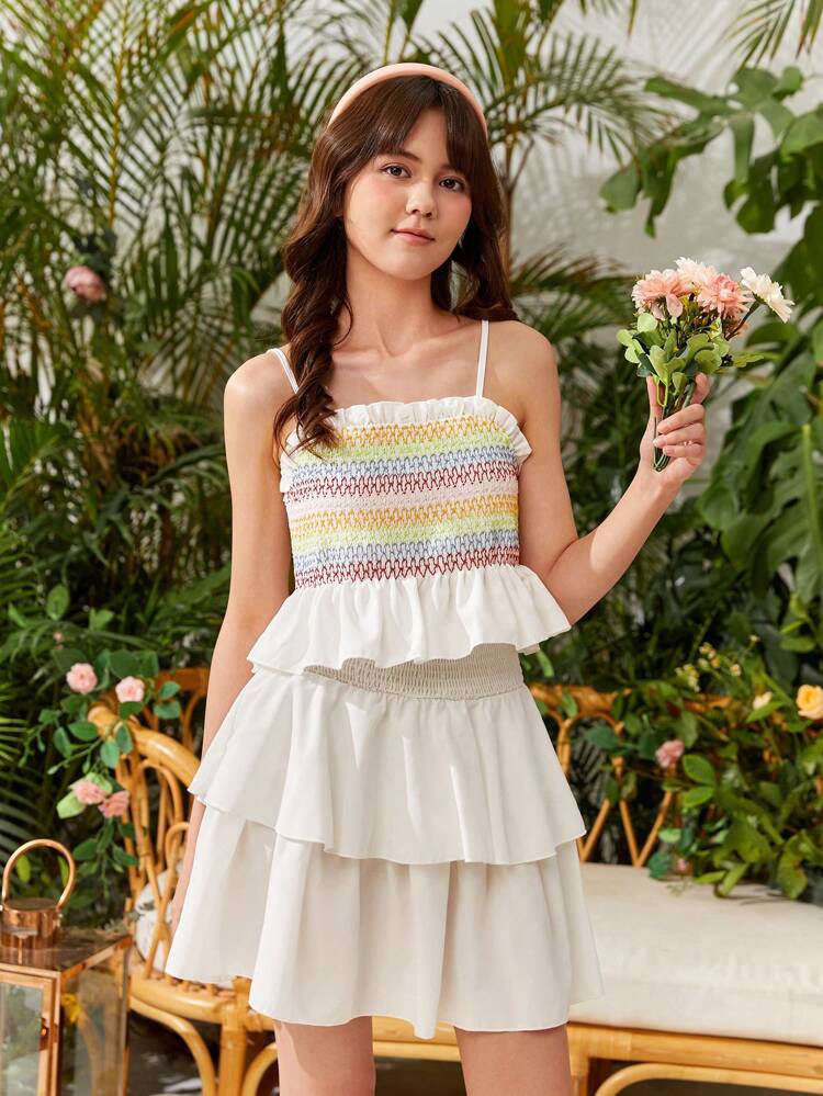 Teen Girls' Rainbow Striped Cami Top And Double Layer Ruffle Hem Skirt Set, Spring/Summer