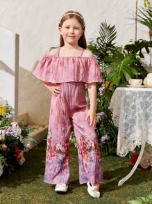 SHEIN Mono Con Estampado De Flores Para Niña Pequeña Con Tirantes Finos - Rosa - Ver 4