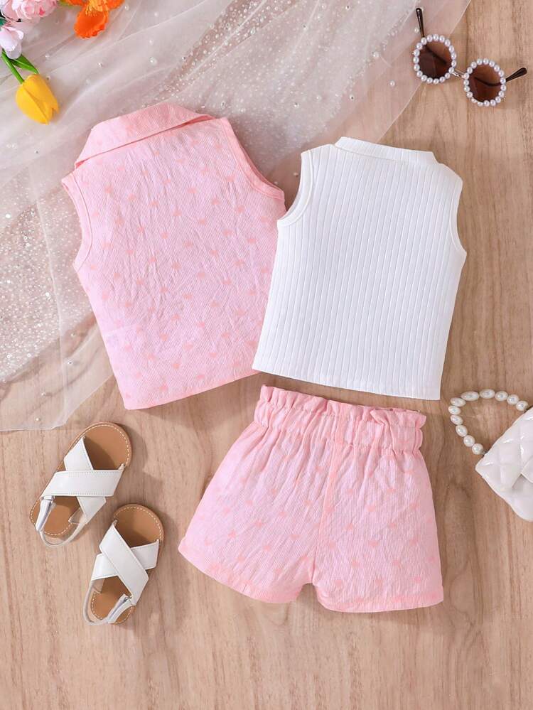 Baby Girls' Summer Heart & Floral Jacquard Suit Vest, Shorts, Solid Color Vest Fashionable Ladylike Outfit