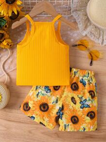SHEIN 少女 2 件/套 羅紋短版吊帶背心 & 向日葵印花短褲