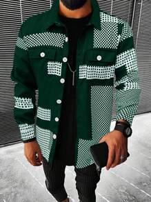 Manfinity Homme Men's Plaid Flip Pocket Shirt Collar Jacket - Dark Green - View 1