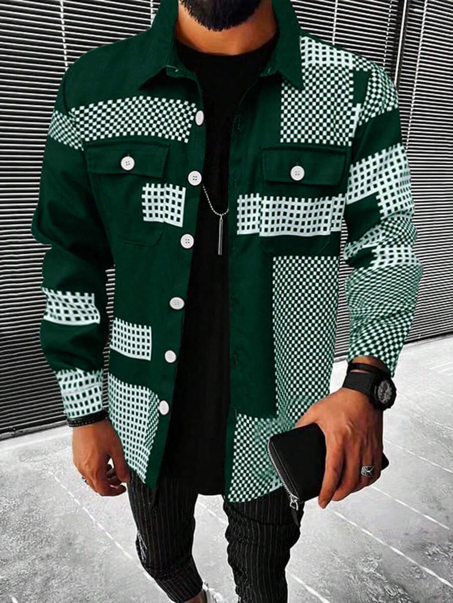 Manfinity Homme Men's Plaid Flip Pocket Shirt Collar Jacket - Dark Green - View 1