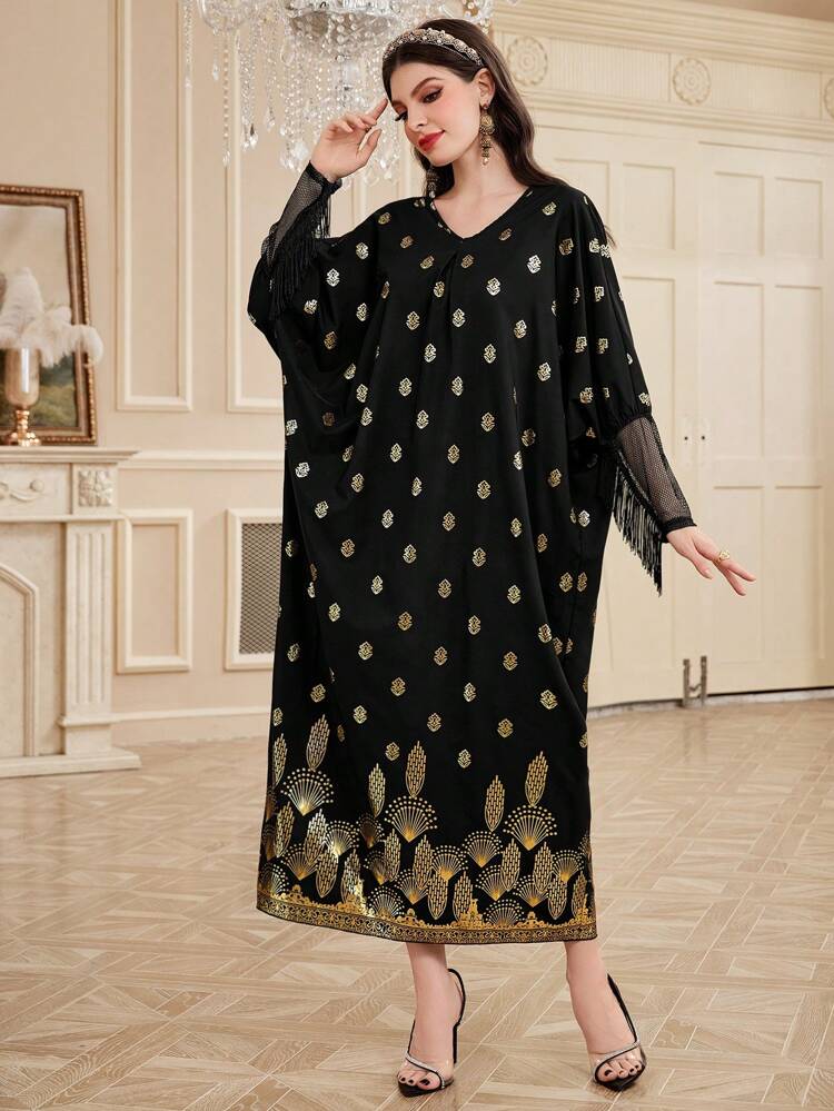 V Neck Tassel Trim Patchwork Turkish Kaftan & Arabic Traditional Caftan