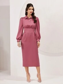 Modelyn Women's Solid Color Long Sleeve Shirt Dress Long Evening Dresses Fall Cloth For Women - Pink - View 4