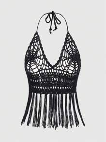 ROMWE Goth Summer Crochet Beach Holiday Knitted Top With Spider Web Design, Fringed Hem, Open Back And Halter Neckline - Black - View 2