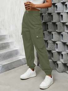 SHEIN Unity 女款休閒慢跑褲,附袖口,工裝風格 - 軍綠色 - 查看 3