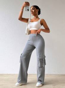 VaVaBold Pantalones Con Detalle De Rayas Y Solapa Con Bolsillo Lateral De Color Liso Para Mujer