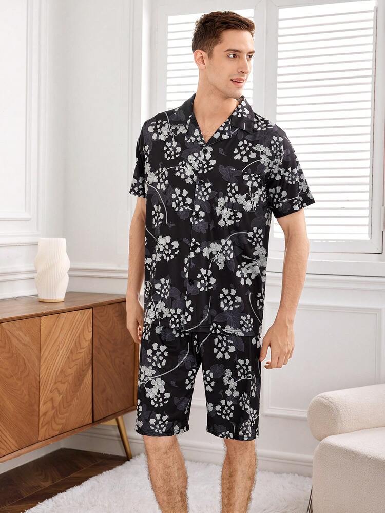 Men's Flower Print Color Block Polo Shirt And Shorts Casual Home Wear Set