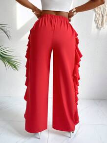 SHEIN Slayr Pantalones rojos para mujer con banda ancha en la cintura y voluminoso ribete de volantes - Rojo - Ver 2