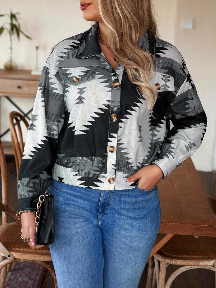 Plus Size Geometric Pattern Button Up Jacket Fall Cloth For Women