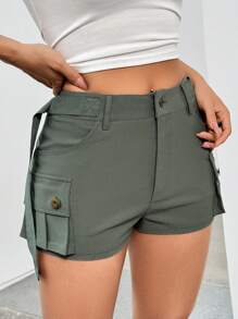 SHEIN EZwear 女款純色工裝口袋短褲 - 綠色 - 查看 1